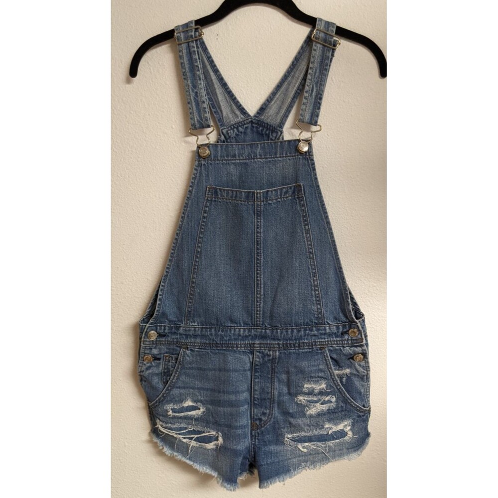 AMERICAN EAGLE  Denim Distressed Cut Off Overalls Shorts Shortalls SM